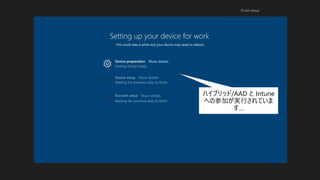 Setting up your device for work
This could take a while and your device may need to reboot.
Device preparation Show details
ハイブリッド/AAD と Intune
への参加が実行されていま
す…
 