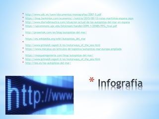 *
* http://www.udc.es/iuem/documentos/monografias/2007-5.pdf
* https://blog.bankinter.com/economia/-/noticia/2015/08/13/rutas-maritimas-espana.aspx
* http://www.diariodenautica.com/situacion-actual-de-las-autopistas-del-mar-en-espana
* https://upcommons.upc.edu/bitstream/handle/2099.1/25985/PFG_final.pdf
*
http://prosertek.com/es/blog/autopistas-del-mar/
*
https://es.wikipedia.org/wiki/Autopistas_del_mar
*
http://www.grimaldi.napoli.it/es/motorways_of_the_sea.html
* https://www.mecalux.es/articulos-de-logistica/autopistas-mar-europa-ampliada
*
https://masqueingenieria.com/blog/autopistas-del-mar/
* http://www.grimaldi.napoli.it/es/motorways_of_the_sea.html
* http://iies.es/las-autopistas-del-mar/
 