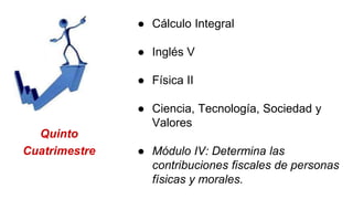 Quinto
Cuatrimestre
● Cálculo Integral
● Inglés V
● Física II
● Ciencia, Tecnología, Sociedad y
Valores
● Módulo IV: Determina las
contribuciones fiscales de personas
físicas y morales.
 