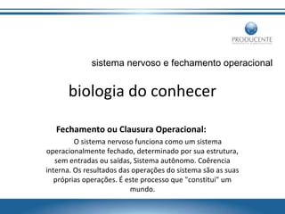 sistema nervoso e fechamento operacional

biologia do conhecer
Fechamento ou Clausura Operacional:
O sistema nervoso funciona como um sistema
operacionalmente fechado, determinado por sua estrutura,
sem entradas ou saídas, Sistema autônomo. Coêrencia
interna. Os resultados das operações do sistema são as suas
próprias operações. É este processo que "constitui" um
mundo.

 