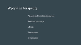 Wpływ na terapeutę
Angażuje/Napędza ciekawość
Zmienia percepcję
Chroni
Przestrasza
Diagnozuje
 