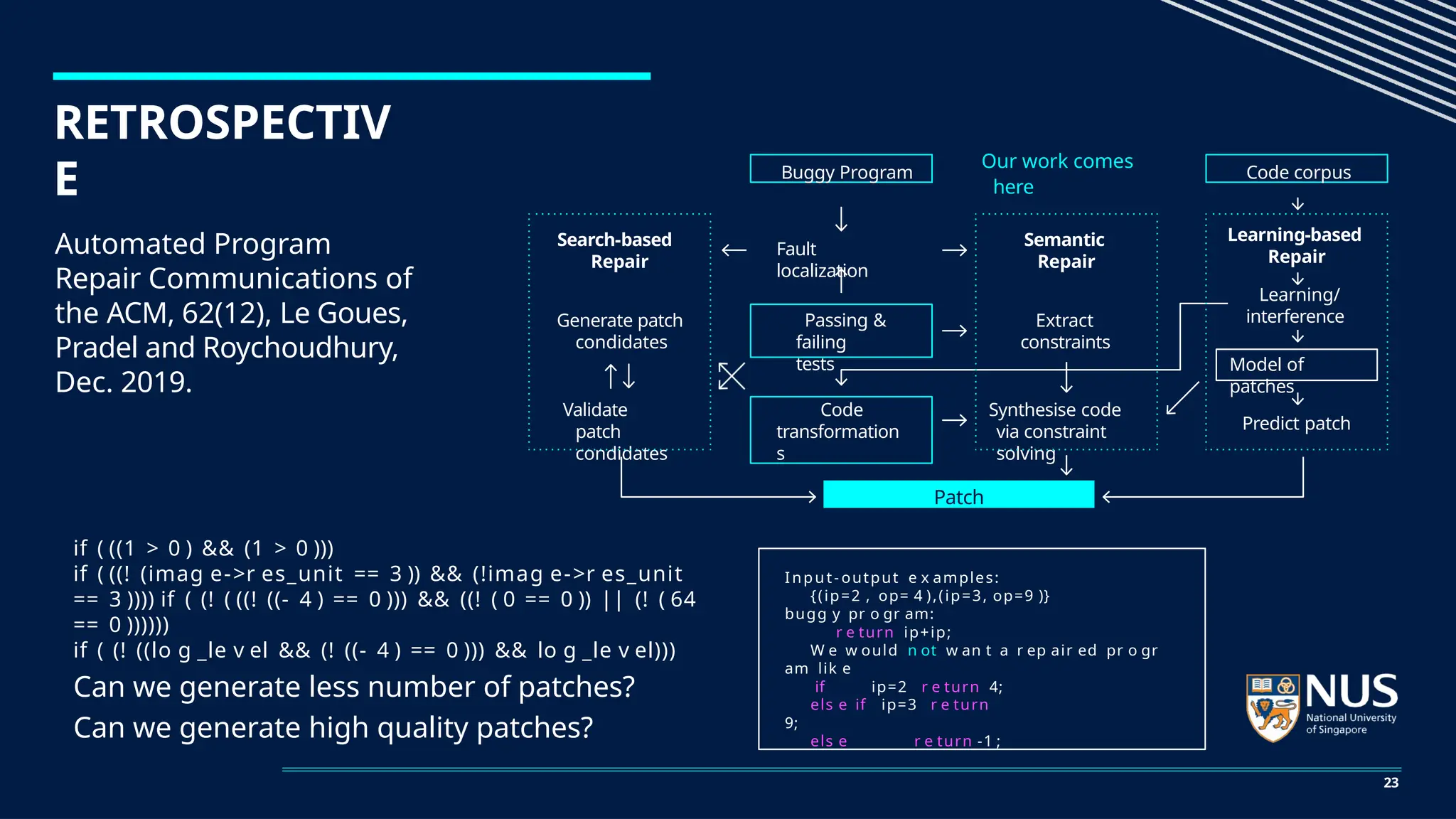 RETROSPECTIV
E
Automated Program
Repair Communications of
the ACM, 62(12), Le Goues,
Pradel and Roychoudhury,
Dec. 2019.
if ( ((1 > 0 ) && (1 > 0 )))
if ( ((! (imag e->r es_unit == 3 )) && (!imag e->r es_unit
== 3 )))) if ( (! ( ((! ((- 4 ) == 0 ))) && ((! ( 0 == 0 )) || (! ( 64
== 0 ))))))
if ( (! ((lo g _le v el && (! ((- 4 ) == 0 ))) && lo g _le v el)))
Can we generate less number of patches?
Can we generate high quality patches?
Buggy Program
Our work comes
here
Code corpus
Passing &
failing
tests
Extract
constraints
Learning/
interference
Generate patch
condidates
Fault
localization
Semantic
Repair
Learning-based
Repair
Search-based
Repair
Code
transformation
s
Synthesise code
via constraint
solving
Predict patch
Patch
Validate
patch
condidates
Model of
patches
Input- output e x amples:
{(ip=2 , op= 4 ),(ip=3, op=9 )}
bugg y pr o gr am:
r e turn ip+ip;
W e w ould n ot w an t a r ep air ed pr o gr
am lik e
if ip=2 r e turn 4;
els e if ip=3 r e turn
9;
els e r e turn -1 ;
23
 