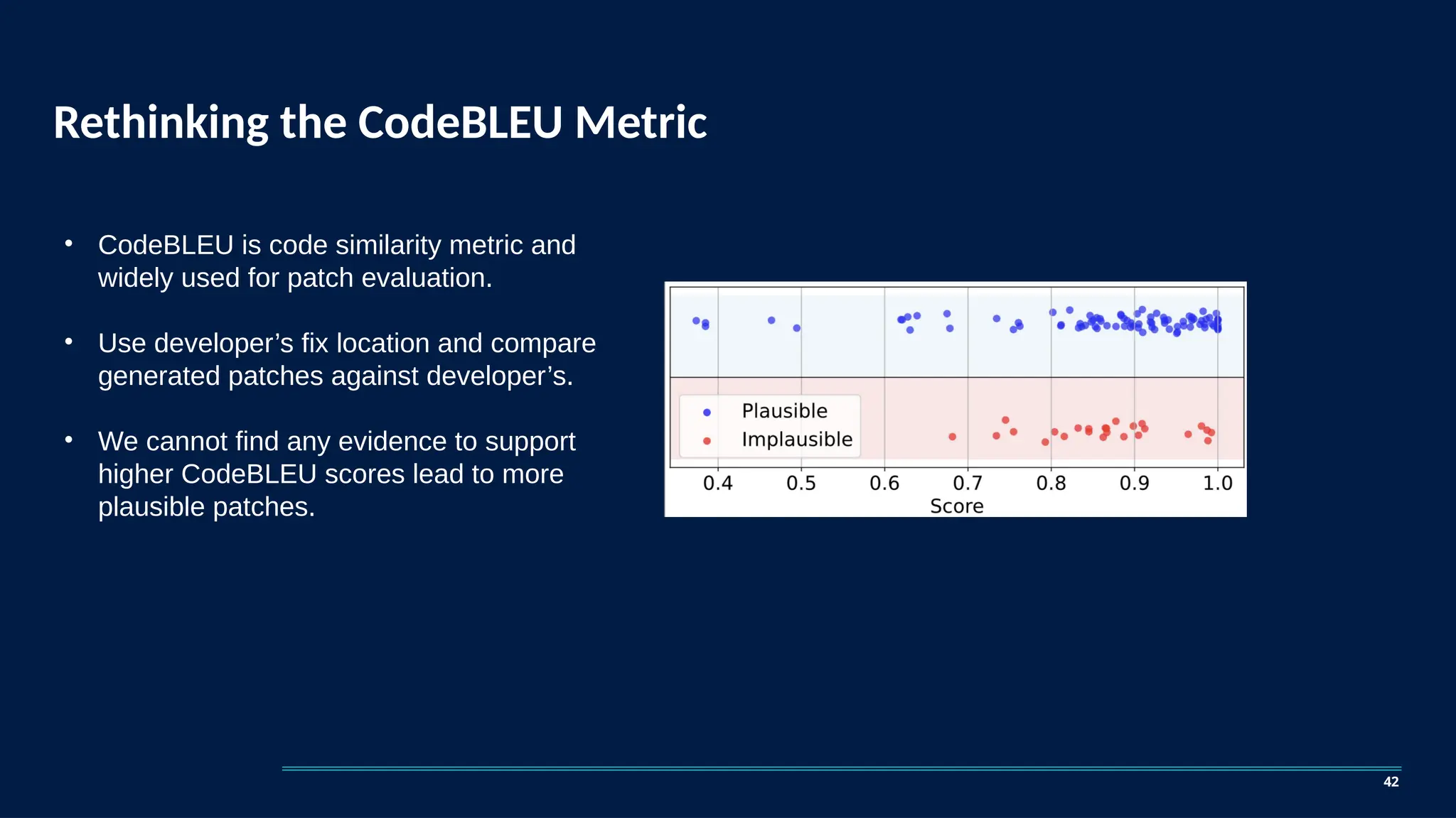 Rethinking the CodeBLEU Metric
42
• CodeBLEU is code similarity metric and
widely used for patch evaluation.
• Use developer’s fix location and compare
generated patches against developer’s.
• We cannot find any evidence to support
higher CodeBLEU scores lead to more
plausible patches.
 