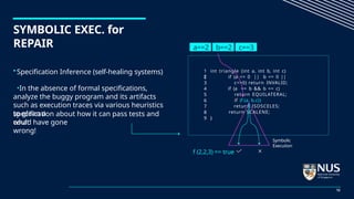 SYMBOLIC EXEC. for
REPAIR
•Specification Inference (self-healing systems)
•In the absence of formal specifications,
analyze the buggy program and its artifacts
such as execution traces via various heuristics
to glean a
specification about how it can pass tests and
what
could have gone
wrong!
1 int triangle (int a, int b, int c)
{ if (a <= 0 || b <= 0 ||
c<=0) return INVALID;
if (a == b && b == c)
return EQUILATERAL;
if (f (a, b,c))
return ISOSCELES;
return SCALENE;
2
3
4
5
6
7
8
9 }
a==2 b==2 c==3
f (2,2,3) == true
Symbolic
Execution
12
 