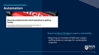 Automation
Requiring 60 to 150 days to patch a vulnerability
•Requiring an increase of 50% over today's
staffing levels on average for vulnerability
response
14
 