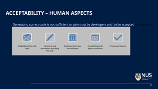 ACCEPTABILITY – HUMAN ASPECTS
21
Generating correct code is not sufficient to gain trust by developers and to be accepted as final code
Readability of the Code
itself
Comments and
Annotations describing
the code
Additional Test-Cases
for Verification
Provable fixes with
logical-constraints
Provenance Biasness
 