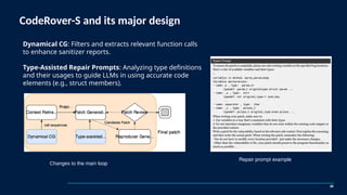 CodeRover-S and its major design
39
Dynamical CG: Filters and extracts relevant function calls
to enhance sanitizer reports.
Type-Assisted Repair Prompts: Analyzing type definitions
and their usages to guide LLMs in using accurate code
elements (e.g., struct members).
Changes to the main loop
Repair prompt example
 