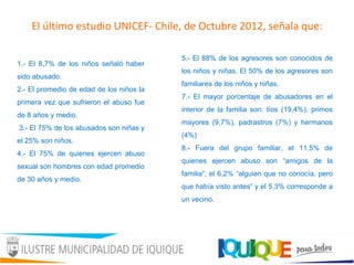El último estudio UNICEF- Chile, de Octubre 2012, señala que:
5.- El 88% de los agresores son conocidos de
los niños y niñas. El 50% de los agresores son
familiares de los niños y niñas.
7.- El mayor porcentaje de abusadores en el
interior de la familia son: tíos (19,4%), primos
mayores (9,7%), padrastros (7%) y hermanos
(4%)
8.- Fuera del grupo familiar, el 11,5% de
quienes ejercen abuso son “amigos de la
familia”; el 6,2% “alguien que no conocía, pero
que había visto antes” y el 5,3% corresponde a
un vecino.
1.- El 8,7% de los niños señaló haber
sido abusado.
2.- El promedio de edad de los niños la
primera vez que sufrieron el abuso fue
de 8 años y medio.
3.- El 75% de los abusados son niñas y
el 25% son niños.
4.- El 75% de quienes ejercen abuso
sexual son hombres con edad promedio
de 30 años y medio.
 