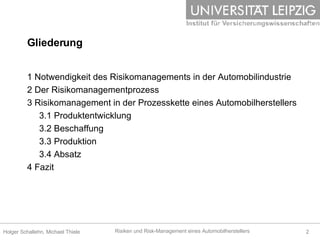 Gliederung 1 Notwendigkeit des Risikomanagements in der Automobilindustrie 2 Der Risikomanagementprozess 3 Risikomanagement in der Prozesskette eines Automobilherstellers 3.1 Produktentwicklung 3.2 Beschaffung 3.3 Produktion 3.4 Absatz 4 Fazit 