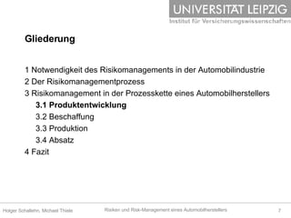 Gliederung 1 Notwendigkeit des Risikomanagements in der Automobilindustrie 2 Der Risikomanagementprozess 3 Risikomanagement in der Prozesskette eines Automobilherstellers 3.1 Produktentwicklung 3.2 Beschaffung 3.3 Produktion 3.4 Absatz 4 Fazit 