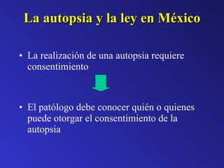 La autopsia y la ley en México La realización de una autopsia requiere consentimiento El patólogo debe conocer quién o quienes puede otorgar el consentimiento de la autopsia 