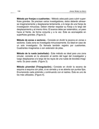 Método por franjas o cuadrantes.- Método adecuado para cubrir super-
ficies grandes. Se precisan varios investigadores, éstos deberán alinear-
se imaginariamente y desplazarse lentamente, a lo largo de una franja de
investigación minuciosa. Deben intentar respetar su franja a lo largo del
desplazamiento y al mismo ritmo. El avance debe ser sistemático, un paso
hacia el frente, de forma conjunta y a la vez. Éste es aconsejable en
superficies grandes. (Figura 2).
Método de zonas o sectores.- Consiste en dividir la escena en zonas o
sectores. Cada zona es investigada minuciosamente. Es ideal en caso de
un solo investigador. Es llamada también registro por cuadrantes.
Cuadrantes imaginarios o con extensión de pitas.
Método de la rueda (estrellado).- Este método es ideal para una zona
circular, consiste en la ubicación al centro del lugar del investigador y
luego desplazarse a lo largo de los rayos de una rueda de bicicleta imagi-
naria. Es poco usado. (Figura 3).
Método piramidal (Triangulación).- Consiste en dividir la escena de
esquina a esquina con pitas, si es cerrada y si es abierta con puntos fijos.
Enumerando cada pirámide y continuando con el rastreo. Éste es uno de
los más utilizados. (Figura 4).
130 JORGE NÚÑEZ DE ARCO
 