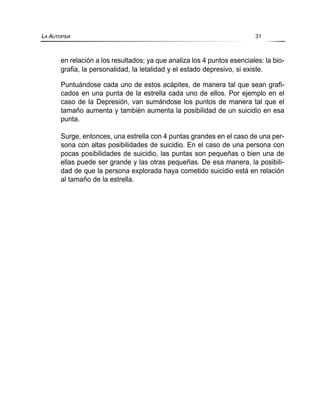 en relación a los resultados; ya que analiza los 4 puntos esenciales: la bio-
grafia, la personalidad, la letalidad y el estado depresivo, si existe.
Puntuándose cada uno de estos acápites, de manera tal que sean grafi-
cados en una punta de la estrella cada uno de ellos. Por ejemplo en el
caso de la Depresión, van sumándose los puntos de manera tal que el
tamaño aumenta y también aumenta la posibilidad de un suicidio en esa
punta.
Surge, entonces, una estrella con 4 puntas grandes en el caso de una per-
sona con altas posibilidades de suicidio. En el caso de una persona con
pocas posibilidades de suicidio, las puntas son pequeñas o bien una de
ellas puede ser grande y las otras pequeñas. De esa manera, la posibili-
dad de que la persona explorada haya cometido suicidio está en relación
al tamaño de la estrella.
LA AUTOPSIA 31
 