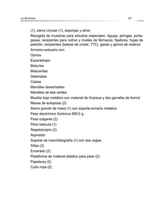 (1), sierra circular (1), esponjas y otros.
Recogida de muestras para estudios especiales: Agujas, jeringas, porta-
gasas, recipientes para cultivo y niveles de fármacos, fijadores, hojas de
petición, recipientes (bateas de cristal, TTC), gasas y gorros de reserva.
Armario-vestuario con:
Gorros
Esparadrapo
Bisturíes
Mascarillas
Delantales
Calzas
Mandiles desechables
Mandiles de tela verdes
Mueble bajo metálico con material de limpieza y dos garrafas de formol
Mesas de autopsias (2)
Sierra grande de mesa (1) con soporte-armario metálico
Peso electrónico Sartorius 600,0 g
Peso colgante (2)
Peso báscula (1)
Negatoscopio (2)
Aspirador
Soporte de macrofotografía (1) con dos reglas
Sillas (3)
Encerado (2)
Plataforma de material plástico para pisar (2)
Papeleras (2)
Cubo ropa (2)
LA AUTOPSIA 67
 