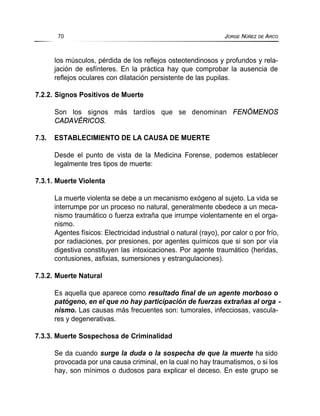los músculos, pérdida de los reflejos osteotendinosos y profundos y rela-
jación de esfínteres. En la práctica hay que comprobar la ausencia de
reflejos oculares con dilatación persistente de las pupilas.
7.2.2. Signos Positivos de Muerte
Son los signos más tardíos que se denominan FENÓMENOS
CADAVÉRICOS.
7.3. ESTABLECIMIENTO DE LA CAUSA DE MUERTE
Desde el punto de vista de la Medicina Forense, podemos establecer
legalmente tres tipos de muerte:
7.3.1. Muerte Violenta
La muerte violenta se debe a un mecanismo exógeno al sujeto. La vida se
interrumpe por un proceso no natural, generalmente obedece a un meca-
nismo traumático o fuerza extraña que irrumpe violentamente en el orga-
nismo.
Agentes físicos: Electricidad industrial o natural (rayo), por calor o por frío,
por radiaciones, por presiones, por agentes químicos que si son por vía
digestiva constituyen las intoxicaciones. Por agente traumático (heridas,
contusiones, asfixias, sumersiones y estrangulaciones).
7.3.2. Muerte Natural
Es aquella que aparece como resultado final de un agente morboso o
patógeno, en el que no hay participación de fuerzas extrañas al orga -
nismo. Las causas más frecuentes son: tumorales, infecciosas, vascula-
res y degenerativas.
7.3.3. Muerte Sospechosa de Criminalidad
Se da cuando surge la duda o la sospecha de que la muerte ha sido
provocada por una causa criminal, en la cual no hay traumatismos, o si los
hay, son mínimos o dudosos para explicar el deceso. En este grupo se
70 JORGE NÚÑEZ DE ARCO
 