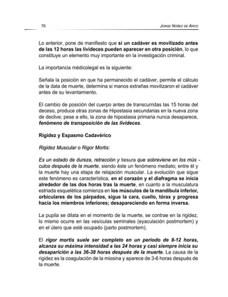 Lo anterior, pone de manifiesto que si un cadáver es movilizado antes
de las 12 horas las livideces pueden aparecer en otra posición, lo que
constituye un elemento muy importante en la investigación criminal.
La importancia médicolegal es la siguiente:
Señala la posición en que ha permanecido el cadáver, permite el cálculo
de la data de muerte, determina si manos extrañas movilizaron el cadáver
antes de su levantamiento.
El cambio de posición del cuerpo antes de transcurridas las 15 horas del
deceso, produce otras zonas de Hipostasia secundarias en la nueva zona
de declive; pese a ello, la zona de hipostasia primaria nunca desaparece,
fenómeno de transposición de las livideces.
Rigidez y Espasmo Cadavérico
Rigidez Muscular o Rigor Mortis:
Es un estado de dureza, retracción y tiesura que sobreviene en los mús -
culos después de la muerte, siendo éste un fenómeno mediato; entre él y
la muerte hay una etapa de relajación muscular. La evolución que sigue
este fenómeno es característica, en el corazón y el diafragma se inicia
alrededor de las dos horas tras la muerte, en cuanto a la musculatura
estriada esquelética comienza en los músculos de la mandíbula inferior,
orbiculares de los párpados, sigue la cara, cuello, tórax y progresa
hacia los miembros inferiores; desapareciendo en forma inversa.
La pupila se dilata en el momento de la muerte, se contrae en la rigidez,
lo mismo ocurre en las vesículas seminales (eyaculación postmortem) y
en el útero que esté ocupado (parto postmortem).
El rigor mortis suele ser completo en un periodo de 8-12 horas,
alcanza su máxima intensidad a las 24 horas y casi siempre inicia su
desaparición a las 36-38 horas después de la muerte. La causa de la
rigidez es la coagulación de la miosina y aparece de 3-6 horas después de
la muerte.
76 JORGE NÚÑEZ DE ARCO
 