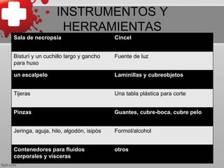 INSTRUMENTOS Y
HERRAMIENTAS
Sala de necropsia Cincel
Bisturí y un cuchillo largo y gancho
para huso
Fuente de luz
un escalpelo Laminillas y cubreobjetos
Tijeras Una tabla plástica para corte
Pinzas Guantes, cubre-boca, cubre pelo
Jeringa, aguja, hilo, algodón, isipós Formol/alcohol
Contenedores para fluidos
corporales y vísceras
otros
 
