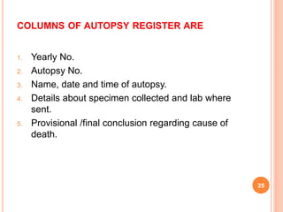 COLUMNS OF AUTOPSY REGISTER ARE
1. Yearly No.
2. Autopsy No.
3. Name, date and time of autopsy.
4. Details about specimen collected and lab where
sent.
5. Provisional /final conclusion regarding cause of
death.
25
 