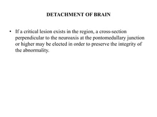 DETACHMENT OF BRAIN
• If a critical lesion exists in the region, a cross-section
perpendicular to the neuroaxis at the pontomedullary junction
or higher may be elected in order to preserve the integrity of
the abnormality.
 