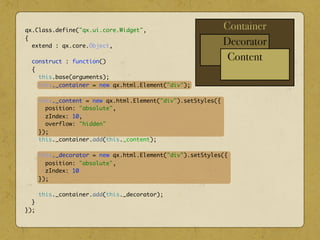 Container
Decorator
Content
qx.Class.define("qx.ui.core.Widget",
{
extend : qx.core.Object,
construct : function()
{
this.base(arguments);
this._container = new qx.html.Element("div");
this._content = new qx.html.Element("div").setStyles({
position: "absolute",
zIndex: 10,
overflow: "hidden"
});
this._container.add(this._content);
this._decorator = new qx.html.Element("div").setStyles({
position: "absolute",
zIndex: 10
});
this._container.add(this._decorator);
}
});
 