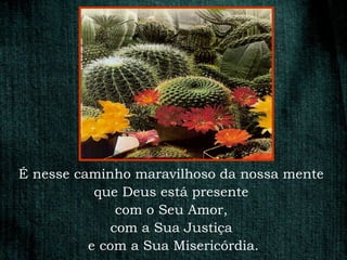 É nesse caminho maravilhoso da nossa mente
           que Deus está presente
               com o Seu Amor,
              com a Sua Justiça
          e com a Sua Misericórdia.
 