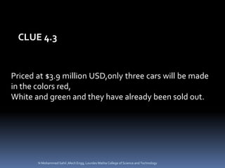 Priced at $3.9 million USD,only three cars will be made
in the colors red,
White and green and they have already been sold out.
CLUE 4.3
N Mohammed Sahil ,Mech Engg, Lourdes Matha College of Science and Technology
 
