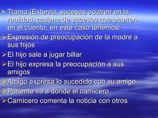 Trama:(Externa, sucesos ocurren en la realidad) cadena de sucesos que ocurren en el cuento, en este caso tenemos: Expresión de preocupación de la madre a sus hijos El hijo sale a jugar billar El hijo expresa la preocupación a sus amigos Amigo expresa lo sucedido con su amigo Pariente va a donde el carnicero Carnicero comenta la noticia con otros 