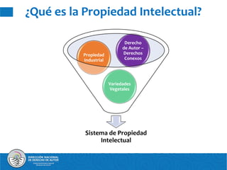 ¿Qué es la Propiedad Intelectual?
Sistema de Propiedad
Intelectual
Variedades
Vegetales
Propiedad
Industrial
Derecho
de Autor –
Derechos
Conexos
 