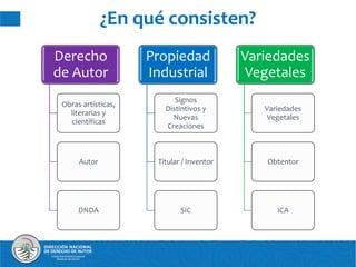 ¿En qué consisten?
Derecho
de Autor
Obras artísticas,
literarias y
científicas
Autor
DNDA
Propiedad
Industrial
Signos
Distintivos y
Nuevas
Creaciones
Titular / Inventor
SIC
Variedades
Vegetales
Variedades
Vegetales
Obtentor
ICA
 