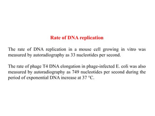 Rate of DNA replication
The rate of DNA replication in a mouse cell growing in vitro was
measured by autoradiography as 33 nucleotides per second.
The rate of phage T4 DNA elongation in phage-infected E. coli was also
measured by autoradiography as 749 nucleotides per second during the
period of exponential DNA increase at 37 °C.
 
