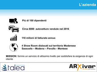 Circa 8000 autovetture vendute nel 2016
4 Show Room dislocati sul territorio Modenese
Sassuolo – Modena – Pavullo - Montes...