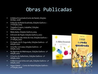 Obras Publicadas
 A Aldeia Encantada (Conto de Natal), Edições
Ambar, 2008
 O Roubo da Roda Quadrada, Edições Gailivro –
2ª Edição,2003
 Trabalha Crispim, trabalha!, Edições
Gailivro,2004
 Mala diabo, Edições Gailivro,2003
 A Árvore de Papel, EdiçõesGailivro,2002
 As lágrimas são netas do mar, Edições Gailivro –
2ª edição,2002
 O chapéu do D. Cogumelo, Edições Gailivro – 2ª
edição,2002
 Uma flor com asas, Edições Gailivro – 2ª
edição,2002
 As lágrimas do Malmequer, EdiçõesGailivro– 2ª
edição,2001
 O Sonho do Gafanhoto, Edições Gailivro– 2ª
edição,2001
 A Menina que tinha cem pés, Edições Gailivro– 2ª
edição,2001
 Hoje é Natal ! – Conto de Natal Edições Gailivro–
2ª Edição,2006
 