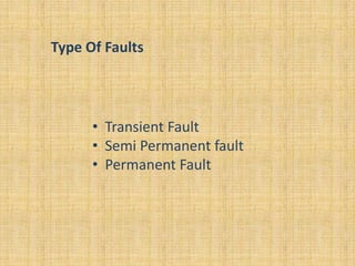 Type Of Faults




      • Transient Fault
      • Semi Permanent fault
      • Permanent Fault
 