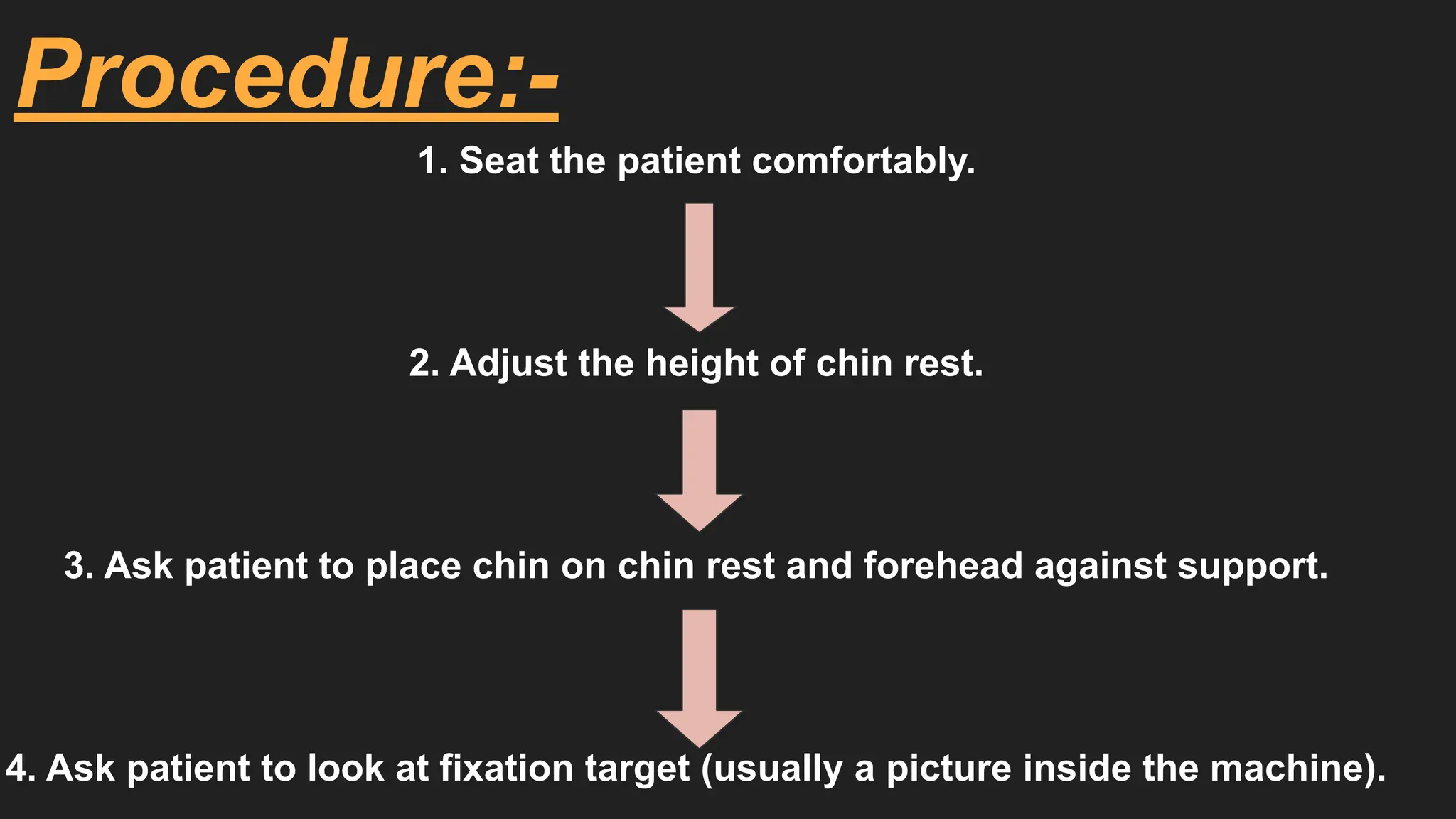 Procedure:-
1. Seat the patient comfortably.
2. Adjust the height of chin rest.
3. Ask patient to place chin on chin rest and forehead against support.
4. Ask patient to look at fixation target (usually a picture inside the machine).
 