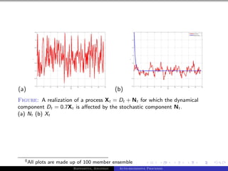 (a)                                             (b)
Figure: A realization of a process Xt = Dt + Nt for which the dynamical
component Dt = 0.7Xt is aﬀected by the stochastic component Nt .
(a) Nt (b) Xt




  0 All   plots are made up of 100 member ensemble
                         Bappaditya, Jonathan    Auto-regressive Processes
 