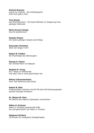 Richard Branson
Losing my Virginity - Die Autobiographie
Geht nicht gibt's nicht!
Tony Buzan
Das Mind-Map-Buch - Die beste Methode zur Steigerung ihres
geistigen Potenzials
Silvia Arroyo Camejo
Skurrile Quantenwelt
Deepak Chopra
Die sieben geistigen Gesetze des Erfolgs
Alexander Christiani
Weck den Sieger in Dir!
Robert B. Cialdini
Die Psychologie des Überzeugens
George S. Clason
Der reichste Mann von Babylon
Stephen R. Covey
Die 7 Wege zur Effektivität
Und alles, was er sonst geschrieben hat…
Mihaly Csikszentmihalyi
Flow: Das Geheimnis des Glücks
Robert B. Dilts
Professionelles Coaching mit NLP Mit dem NLP-Werkzeugkasten
geniale Lösungen ansteuern
Dr. Wayne W. Dyer
Mit Absicht den eigenen Lebensplan verwirklichen
Milton H. Erickson
Milton H. Ericksons gesammelte Fälle
Die Lehrgeschichten von Milton H. Erickson
Stephane Etrillard
30 Minuten für intelligente Schlagfertigkeit
 