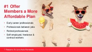 #1 Offer
Members a More
Affordable Plan
• Early career professionals
• Professionals between jobs
• Retired professionals
• Self-employed, freelance &
contract workers
7 Reasons To Love Auto Renewals
 