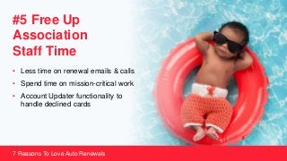 #5 Free Up
Association
Staff Time
• Less time on renewal emails & calls
• Spend time on mission-critical work
• Account Updater functionality to
handle declined cards
7 Reasons To Love Auto Renewals
 