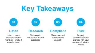 Listen
Listen to needs
and wants of your
members – make it
easy for them
Key Takeaways
01
Research
Find ways to
reduce staff manual
processes
02
Compliant
Make sure card
data is stored
securely
03
Trust
Properly
communicate any
changes with your
members & what to
expect
04
 