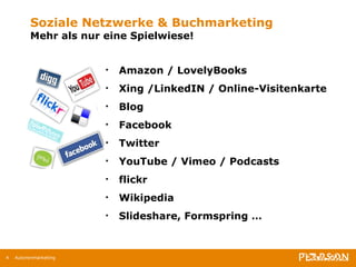 Soziale Netzwerke & Buchmarketing Mehr als nur eine Spielwiese!  Amazon / LovelyBooks Xing /LinkedIN / Online-Visitenkarte Blog  Facebook Twitter YouTube / Vimeo / Podcasts flickr Wikipedia Slideshare, Formspring … Autorenmarketing 