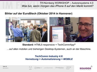 Seite 20
28.04.2015
TH-Nürnberg WORKSHOP – Autorensysteme 4.0
Was tun, wenn morgen das iPhone 8 auf den Markt kommt?
Bihler auf der EuroBlech (Oktober 2014 in Hannover)
Standard: HTML5 responsive + TechCommApp®
…auf allen mobilen und bisherigen Desktop-Systemen, auch an der Maschine.
TechComm Industry 4.0:
Vernetzung + Automatisierung + MOBILE
 