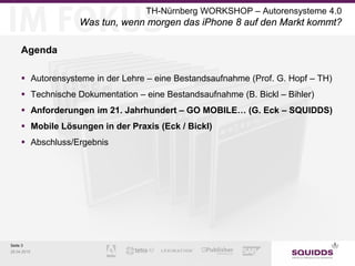 Seite 3
28.04.2015
TH-Nürnberg WORKSHOP – Autorensysteme 4.0
Was tun, wenn morgen das iPhone 8 auf den Markt kommt?
Agenda
 Autorensysteme in der Lehre – eine Bestandsaufnahme (Prof. G. Hopf – TH)
 Technische Dokumentation – eine Bestandsaufnahme (B. Bickl – Bihler)
 Anforderungen im 21. Jahrhundert – GO MOBILE… (G. Eck – SQUIDDS)
 Mobile Lösungen in der Praxis (Eck / Bickl)
 Abschluss/Ergebnis
 