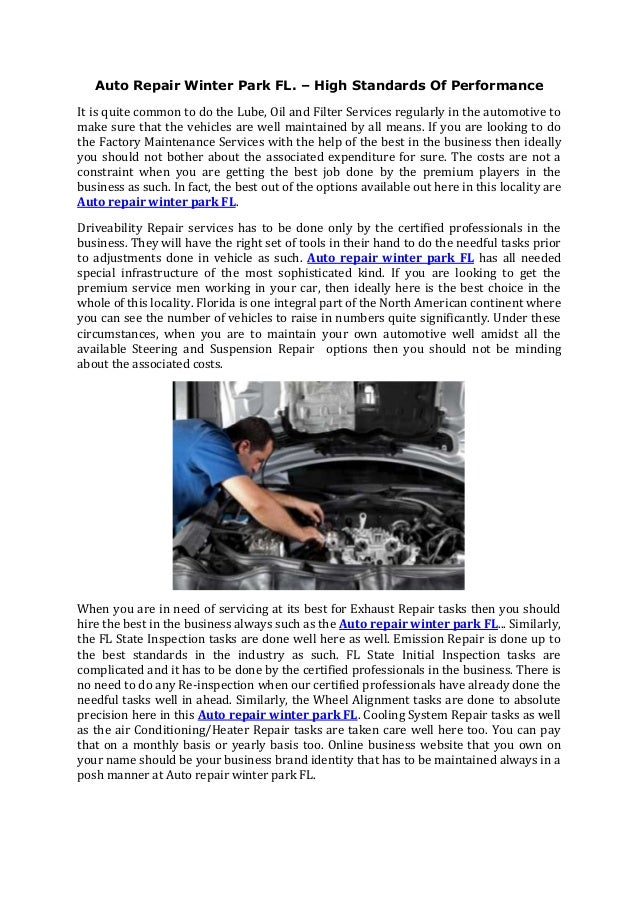 Auto Repair Winter Park FL. High Standards Of Performance