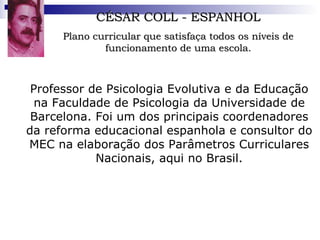 CÉSAR COLL - ESPANHOL Plano curricular que satisfaça todos os níveis de funcionamento de uma escola. Professor de Psicologia Evolutiva e da Educação na Faculdade de Psicologia da Universidade de Barcelona. Foi um dos principais coordenadores da reforma educacional espanhola e consultor do MEC na elaboração dos Parâmetros Curriculares Nacionais, aqui no Brasil. 