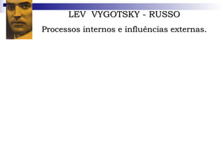 LEV  VYGOTSKY - RUSSO Processos internos e influências externas. Apesar da vida curta – morreu de tuberculose em 1934, aos 37 anos – o pensador bielo-russo teve uma produção intelectual intensa. Formado em Direito, também fez cursos de Medicina, História e Filosofia. Por motivos políticos, suas obras foram censuradas e chegaram ao Ocidente apenas nos anos 60 – no Brasil, só no início da década de 80.  