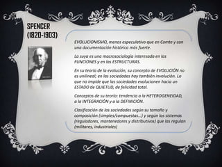 SPENCER
(1820-1903)
              EVOLUCIONISMO, menos especulativo que en Comte y con
              una documentación histórica más fuerte.
              La suya es una macrosociología interesada en las
              FUNCIONES y en las ESTRUCTURAS.
              En su teoría de la evolución, su concepto de EVOLUCIÓN no
              es unilineal; en las sociedades hay también involución. Lo
              que no impide que las sociedades evolucionen hacia un
              ESTADO de QUIETUD, de felicidad total.
              Conceptos de su teoría: tendencia a la HETEROGENEIDAD,
              a la INTEGRACIÓN y a la DEFINICIÓN.
              Clasificación de las sociedades según su tamaño y
              composición (simples/compuestas…) y según los sistemas
              (reguladores, mantenedores y distributivos) que las regulan
              (militares, industriales)
 
