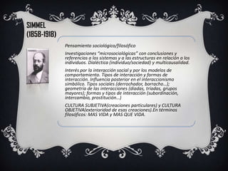 SIMMEL
(1858-1918)
              Pensamiento sociológico/filosófico
              Investigaciones “microsociológicas” con conclusiones y
              referencias a los sistemas y a las estructuras en relación a los
              individuos. Dialéctica (individuo/sociedad) y multicausalidad.
              Interés por la interacción social y por los modelos de
              comportamiento. Tipos de interacción y formas de
              interacción. Influencia posterior en el interaccionismo
              simbólico. Tipos sociales (derrochador, borracho…);
              geometría de las interacciones (díadas, tríadas, grupos
              mayores); formas y tipos de interacción (subordinación,
              intercambio, prostitución…)
              CULTURA SUBJETIVA(creaciones particulares) y CULTURA
              OBJETIVA(exterioridad de esas creaciones).En términos
              filosóficos: MAS VIDA y MAS QUE VIDA.
 