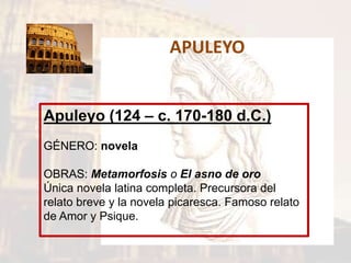 APULEYO
Apuleyo (124 – c. 170-180 d.C.)
GÉNERO: novela
OBRAS: Metamorfosis o El asno de oro
Única novela latina completa. Precursora del
relato breve y la novela picaresca. Famoso relato
de Amor y Psique.
 