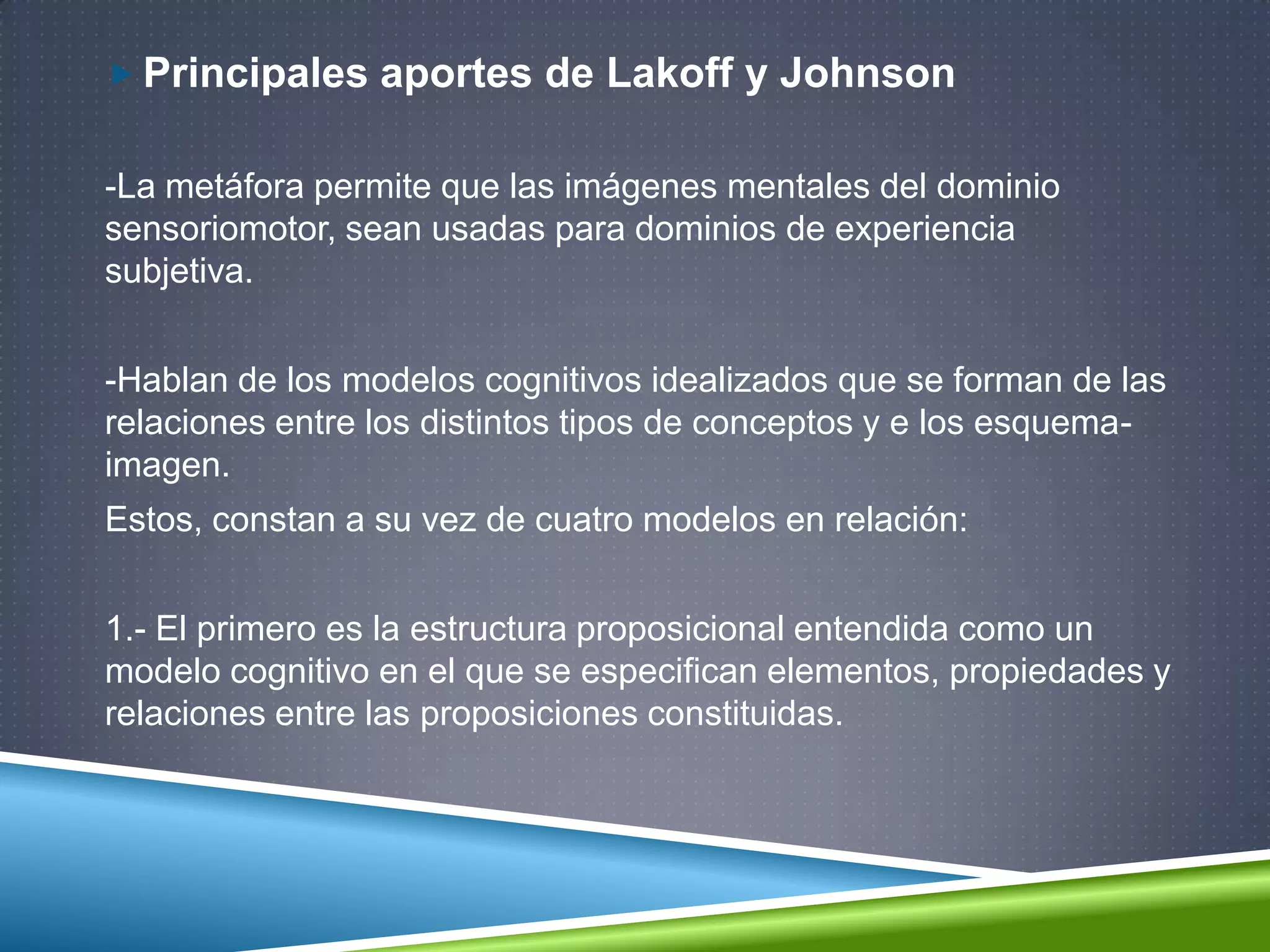  Principales aportes de Lakoff y Johnson
-La metáfora permite que las imágenes mentales del dominio
sensoriomotor, sean usadas para dominios de experiencia
subjetiva.
-Hablan de los modelos cognitivos idealizados que se forman de las
relaciones entre los distintos tipos de conceptos y e los esquema-
imagen.
Estos, constan a su vez de cuatro modelos en relación:
1.- El primero es la estructura proposicional entendida como un
modelo cognitivo en el que se especifican elementos, propiedades y
relaciones entre las proposiciones constituidas.
 