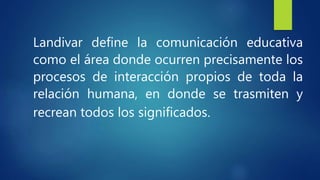 Landivar define la comunicación educativa
como el área donde ocurren precisamente los
procesos de interacción propios de toda la
relación humana, en donde se trasmiten y
recrean todos los significados.
 